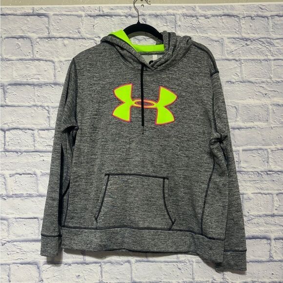 Under Armour Cold Gear Loose Fit Hoodie Gray Striped Fuscia Pink Pullover Sz L - Picture 2 of 10
